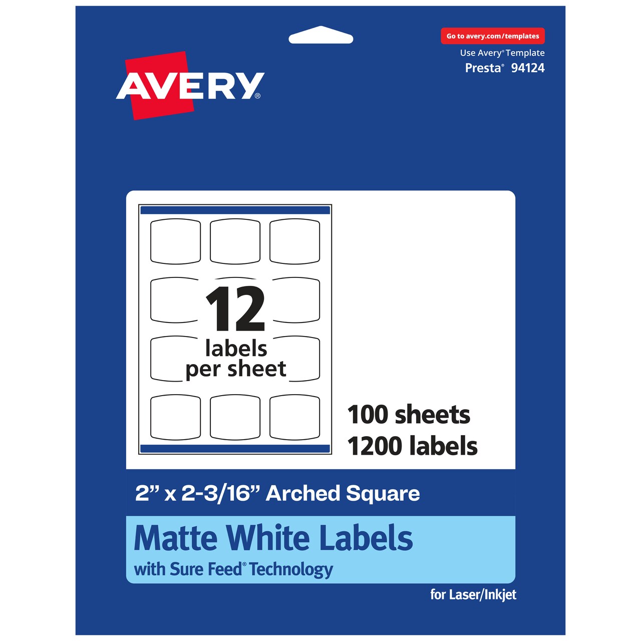 Avery Matte White Arched Square Labels with Sure Feed, 2" x 2-3/16"